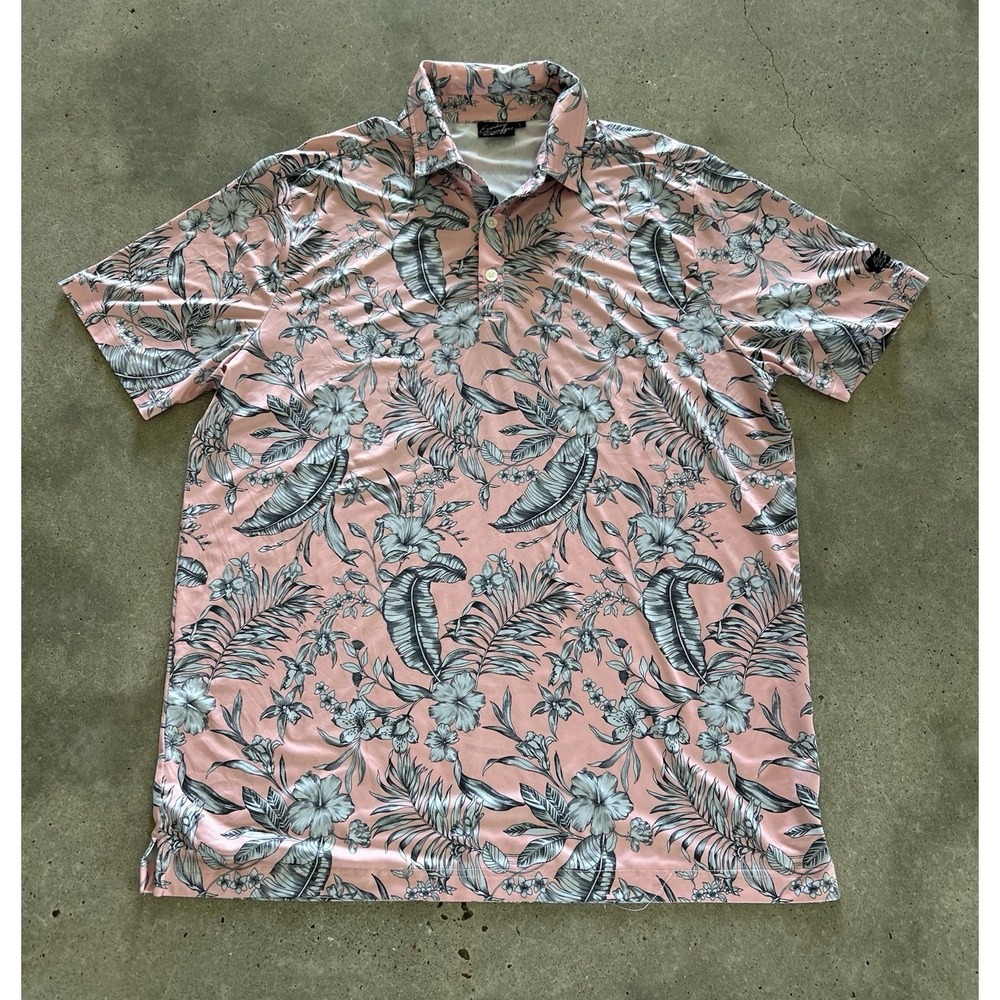 Sunday Swagger Polo Shirt Mens Large Pink Floral Hawaiian Golf Stretch
